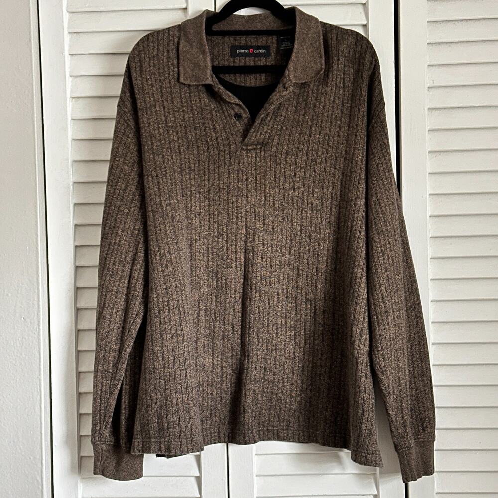 Pierre Cardin Ribbed Polo Long Sleeve L Brown Cotton Classic Office Fall Winter